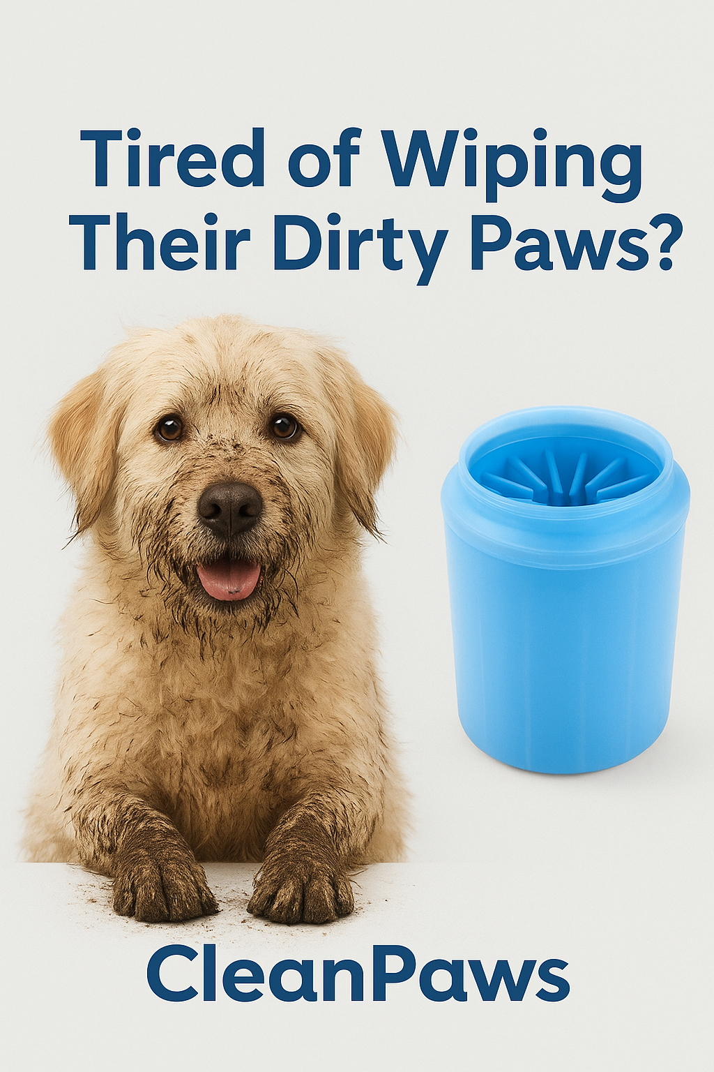 Muddy dog with dirty paws beside the CleanPaws dog paw cleaner with the text 'Tired of Wiping Their Dirty Paws?